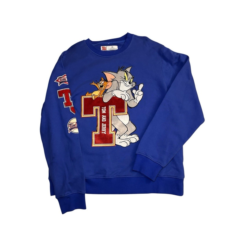 Tom Jerry Sweatshirt XXL Blue  Cartoon Pullover Crewneck Preppy Varsity Letters